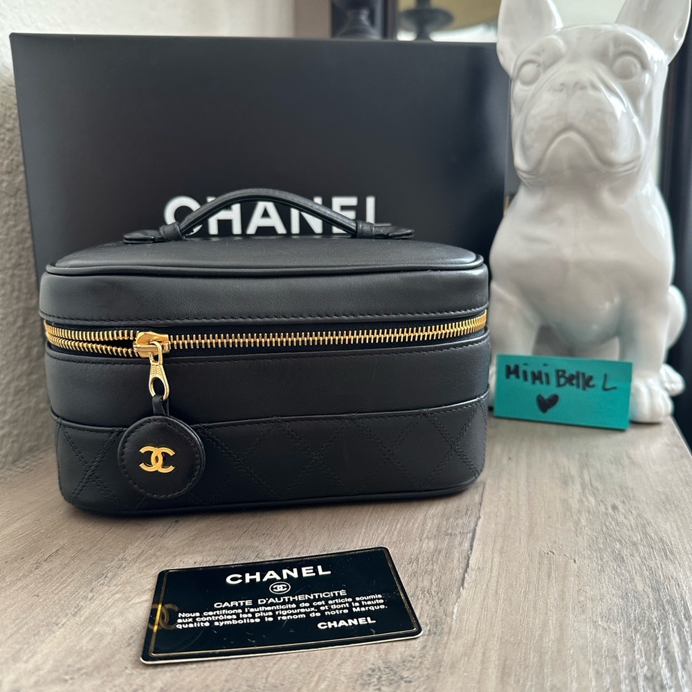 CHANEL Black Calfskin Vanity Case Bag Gold Hardware